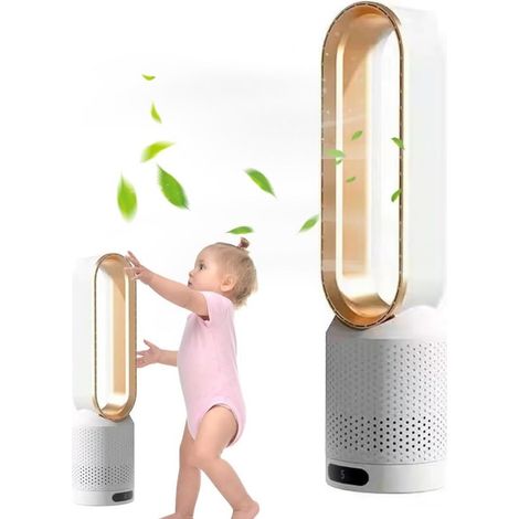 Ventilateur colonne sans pales 2 en 1 avec purificateur HEPA, télécommande, 8 vitesses, oscillation 90°, minuterie, design silencieux pour chambre, maison et bureau, doré (1/5)