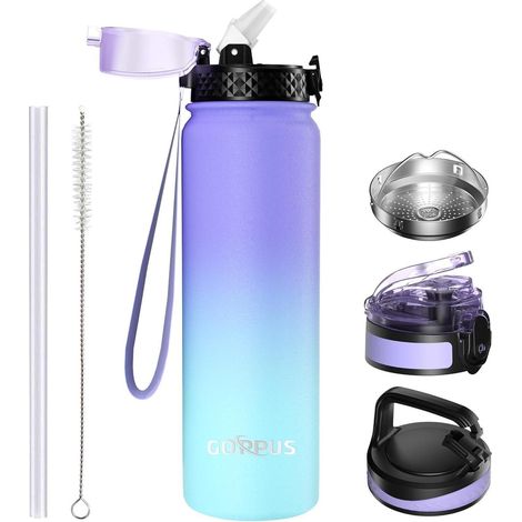 Edelstahl Thermosflasche 1L mit Strohhalm, auslaufsicher, BPA-frei, Lila/Blau (1/5)