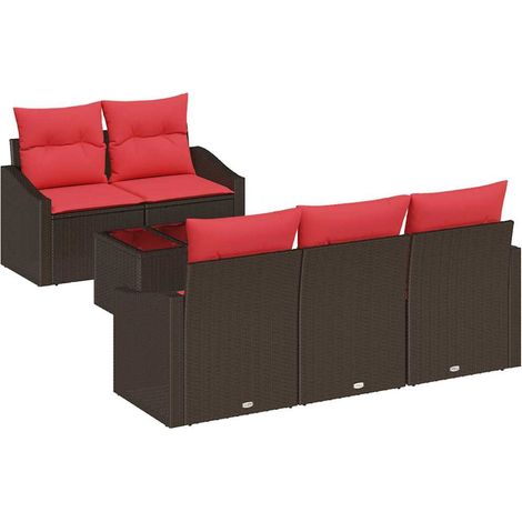 Sofa Set 6 pcs 3-Seater Brown and Red Poly Rattan vidaXL (1/5)