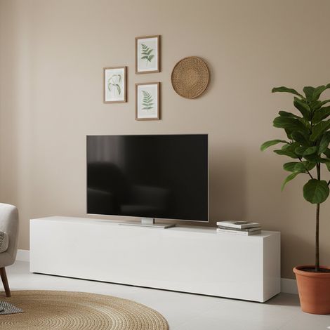 Dmora - Mueble de televisión Dbarell, Aparador bajo para salón, base soporte TV, 100% Made in Italy, cm 180x30h40, Blanco brillo (1/5)