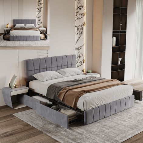 Lit 160x200 avec tiroirs, lit adulte 160x200, lit double, lit capitonné, sommier à lattes, design linéaire, velours gris (1/5)