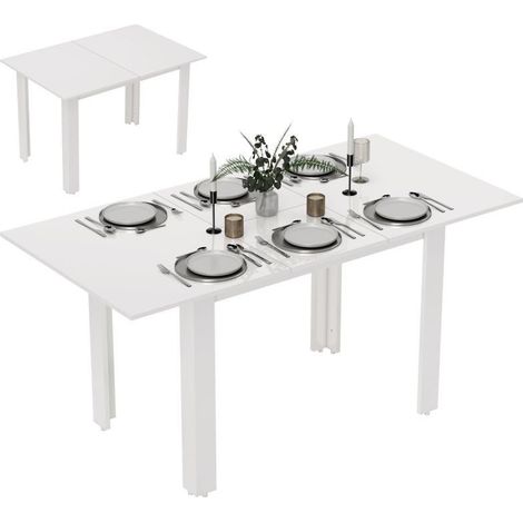 Table à manger extensible : 120-160 x 70 cm. Convient pour 4 à 6 personnes. Structure en MDF, finition laque blanche brillante (1/4)
