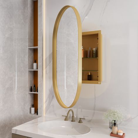 Armario espejo ovalado metal dorado para baño pared OKMYHOME (1/5)