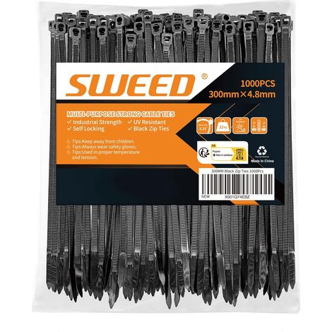Serre Cable Noir 300x4,8mm, 1000PCS Collier de Serrage Noir Durable, Serflex Résistants aux UV, Collier Rilsan Robuste Résistance à La Traction De 22kg, Usage en L'Intérieur Et L'Extérieur (1/5)