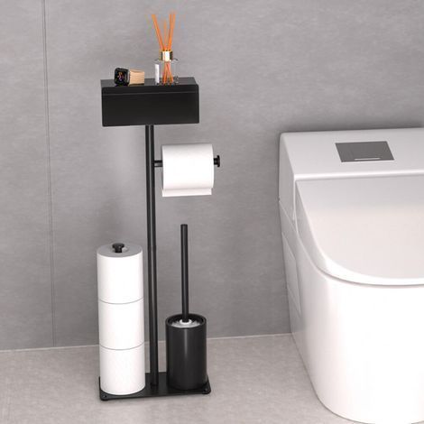 Porte Papier Toilette sur Pied, Support Papier Toilette sur Pied avec Brosse WC et Tiroir, Porte Rouleau Papier Toilette Noir en Acier au Carbone, Serviteur WC Rangement pour 3 Rouleaux de Rechange (1/5)