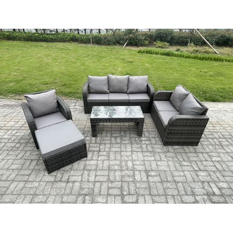 Fimous 7-Sitzer Polyrattan Gartenmöbelset Rattan Lounge Sofa Set mit Rechteckiger Couchtisch Liegestühle 2 Großer Hockern Dunkelgrau Gemischt (1/5)