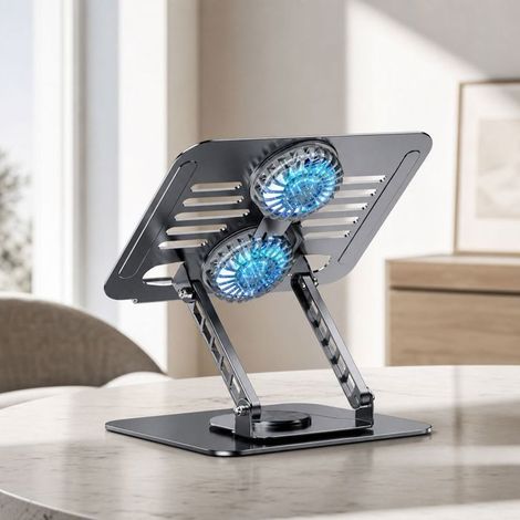 BelleRise - support ordinateur portable ventilé double turbine – axe mécanique ar rotation 360° pliable aluminium gris 22x26x4cm (1/5)