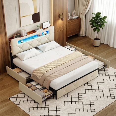 Lit 160x200 cm avec LED et Ports USB, Lit Double en Velours avec Tiroirs de Rangement, TĂŞte de Lit Innovante pour Adulte Adolescent, Beige (1/5)