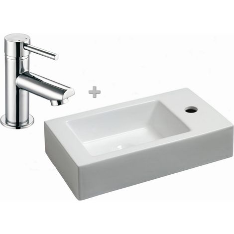 Waschbecken-Set mit Armatur Keramik weiß RHEA 45,5x26 cm (1/5)