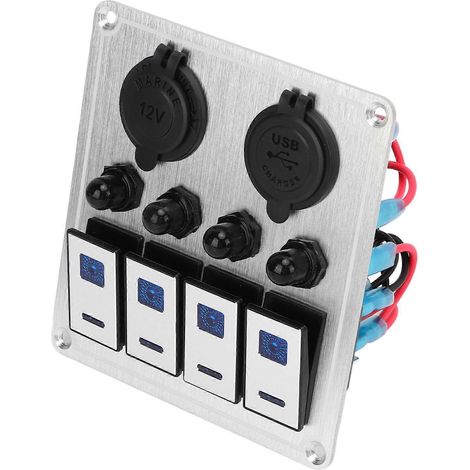 Panneau de 4 interrupteurs à bascule étanches pour bateaux et applications marines, finition argent oxyde, avec double témoin lumineux bleu. (1/5)