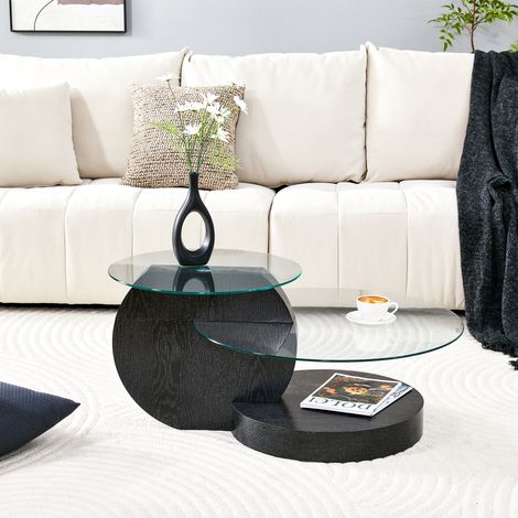 Couchtisch aus MDF in Schwarz Holzoptik und transparentem Glas, 2 Ebenen, Ø 50/70 cm