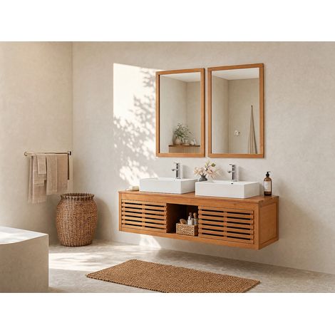 Meuble de salle de bain suspendu en bois d'acacia avec double vasque et miroirs - 130 cm  - PENEBEL (1/5)