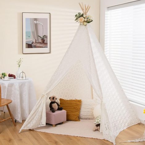 GOPLUS Tente de Jeu Tipi Enfant en Dentelle et Bois de Pin avec Lumières en Forme d'Étoile, Pieds Antidérapants, pour Enfants&Adultes, Tente Indienne Portable Intérieure Extérieure