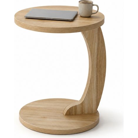 ELVMI Runder Beistelltisch in C-Form mit Schwebender Ablage für Wohnzimmer und Schlafzimmer, MDF, Helle Eiche, 38 x 55 cm (1/5)