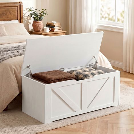 Coffre de rangement de 100 cm avec 2 charnières de sécurité, aspect bois blanc, entretien facile (1/5)