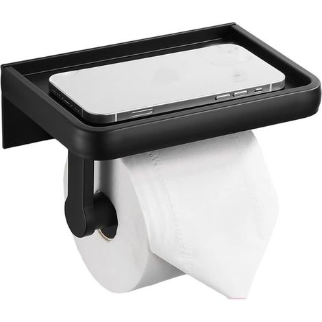 Toilet Paper Holder, No Drilling Toilet Paper Roll Shelf with Cell Phone Storage Holders, Black Fabric Wall Mounted Storage Shelves for Bathroom, Wetroom (1/5)