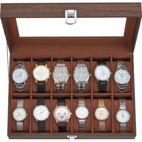 Boîte à montres à 12 compartiments, boîte à montres avec couvercle en verre, plateau à montres avec motif grain de bois et doublure en velours amovible, en cuir PU, avec fermoir en métal.