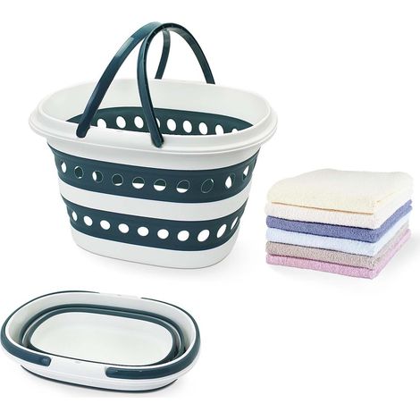 Panier à linge maison plastique 16L, panier bleu et usage quotidien avec poignée, gain de place, pop-up, salle de bain, pliable idéal pour vêtements (1/5)