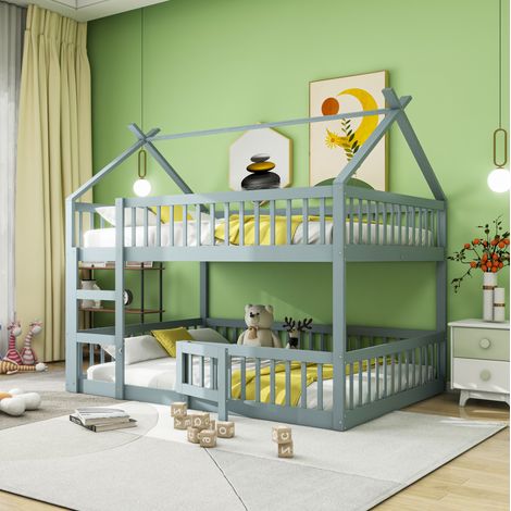 Cama doble infantil con escalera y barandilla gris OKMYHOME (1/5)