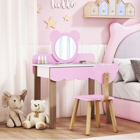 Coiffeuse enfant avec tabouret, miroir ourson, tiroir, MDF, rose, OKWISH (1/5)