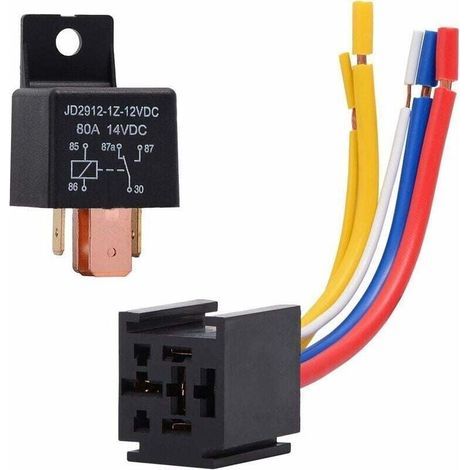 Relé de 5 pines y 12 V 80 A para automóviles y camiones - Interruptor de encendido/apagado normalmente abierto de alta resistencia - Incluye base para relé - 5 cables - Apto para uso automotriz (1/4)