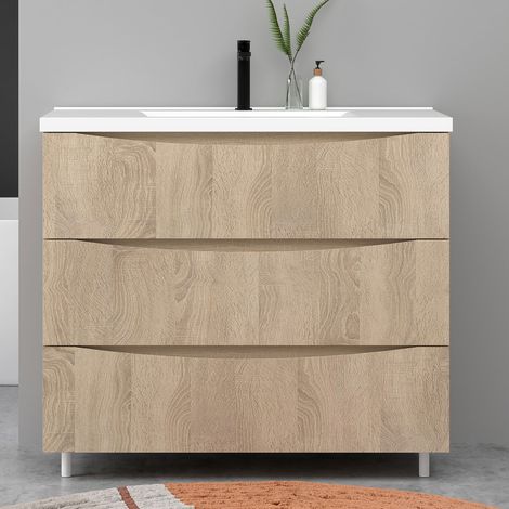 Meuble de salle de bain suspendu 100cm avec simple vasque + 3 tiroirs, Chêne