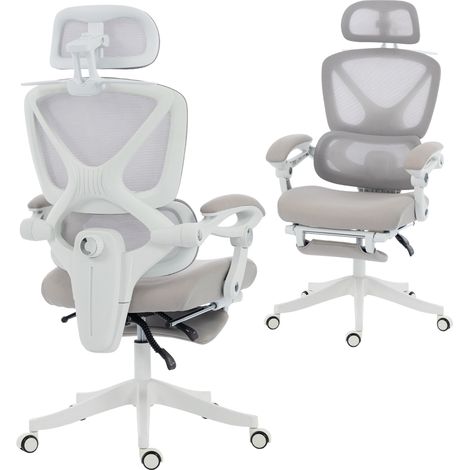 HOMCOM silla de escritorio de malla reclinable con reposacabezas soporte lumbar reposapiés y altura regulable función basculante gris claro
