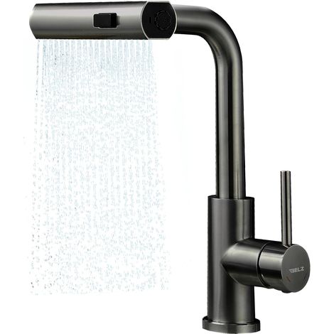 Mitigeur de cuisine amovible, rotatif à 360°, robinet à cascade anti-éclaboussures, en acier inoxydable, chaud et froid, chromé (Gunmetal) (1/5)