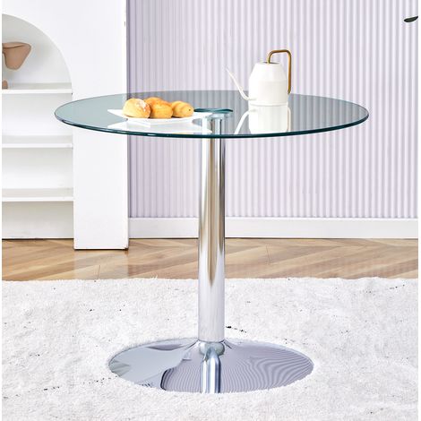 Mesa de comedor redonda de vidrio 85 cm, altura 76 cm, estructura metálica plateada DESVIAE (1/5)