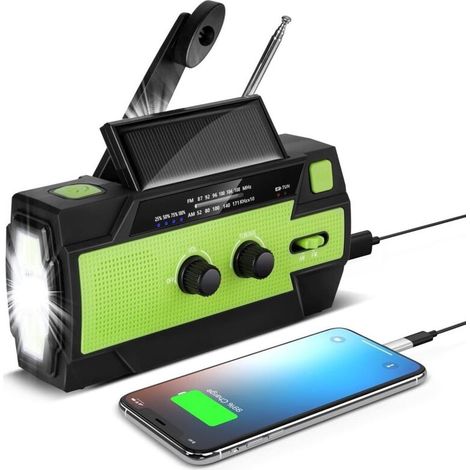 Radio solaire portable à manivelle – Batterie 4000mAh – 4 modes lampe de poche – Alarme SOS – Charge USB et solaire – AM/FM/WB (1/5)