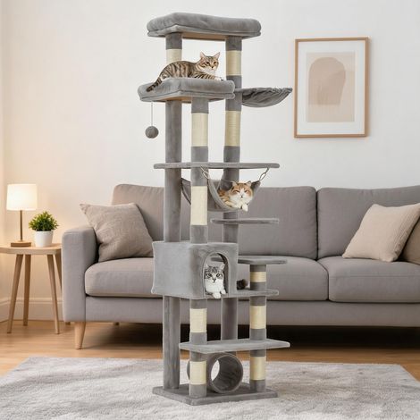 Arbre à chat XXL robuste pour grands chats – 11 poteaux à griffer, hamac, tunnel, condo, perchoirs, station repas – Mobilier pour chats d'intérieur – Gris clair 74 pouces (1/5)