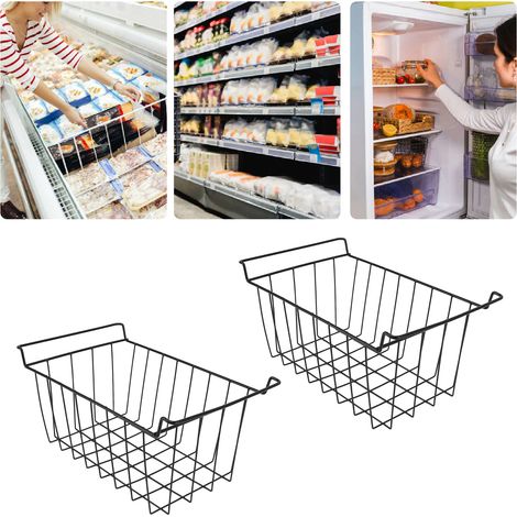 Lot de 2 paniers de rangement en fil de fer pour congélateur, avec revêtement en polyéthylène, à suspendre, noir, pour étagères de réfrigérateur, L 47,5 cm x l 24,5 cm x H 20 cm (1/5)