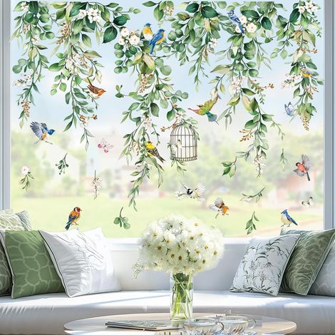 Stickers Fenetre Feuilles de Vigne Verte Plantes Fleurs Oiseaux (1/5)
