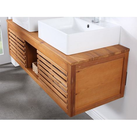 Meuble de salle de bain suspendu en bois d'acacia avec double vasque et miroirs - 130 cm - PENEBEL (1/5)