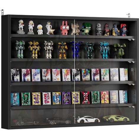 Vitrine murale pour objets de collection, 4 plateaux réglables et 2 portes, 80 x 9,5 x 60 cm, noire idéal pour salon, chambre à coucher ou bureau facile à assembler avec instructions incluses