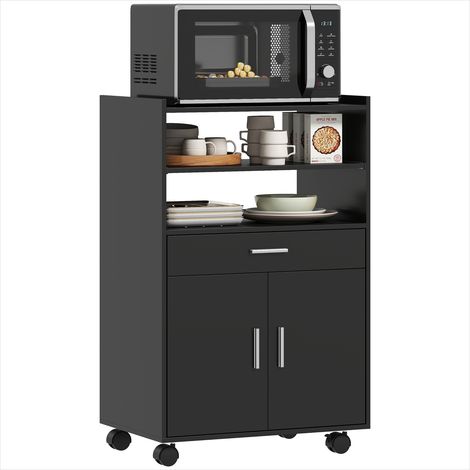Desserte micro-ondes 59 x 40 x 92 cm avec tiroir, placard et roulettes, MDF noir mat (1/5)