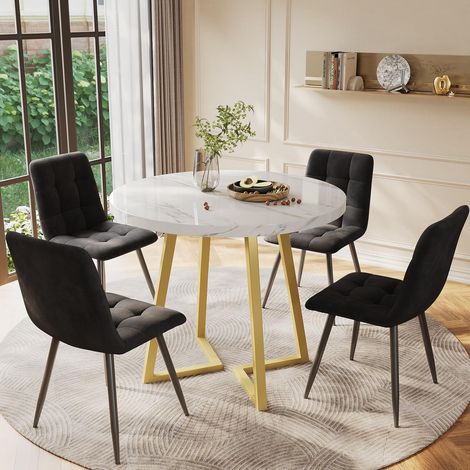 Ensemble table à manger, avec 4 chaises, table de cuisine ronde, structure en métal, plateau en MDF, pour salon et salle à manger, 80x75cm+44x41x86cm, Doré (1/5)
