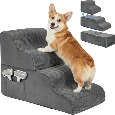 Scaletta per cani, design ergonomico per le articolazioni, con caratteristiche di sicurezza antiscivolo, colore grigio scuro. (1/2)