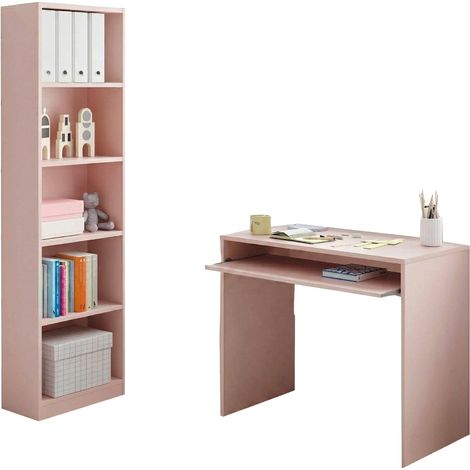 Composizione Camera da Letto Gaggi, Reversibile, per Cameretta, Misure Elementi Scrivania: 90x54h79, Libreria: 52x25h180 cm, 90x54x79h cm Rosa