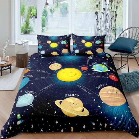 Housse de Couette de l'espace 240 x 260, Parure de Lit Ciel Étoilé pour Enfant Garçon Fille, Ensemble de Literie Planète Galaxie Espace, Décoration de Chambre Bleue, 2 Taies d'oreiller - 240x260cm + 2 (1/5)