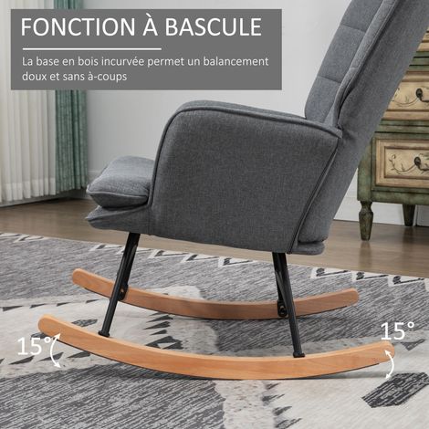 Fauteuil à bascule repose-pieds rocking chair large dossier haut coussin 64x89x90 cm gris