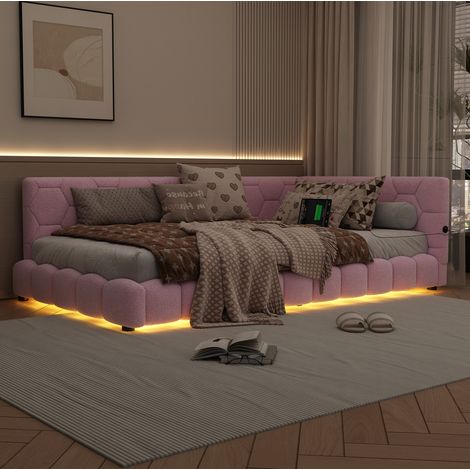 Bett Tagesbett modern 90x200 cm aus MDF mit rosa Samtoptik, Lattenrost, LED 16 Farben, USB und Type-C (1/5)