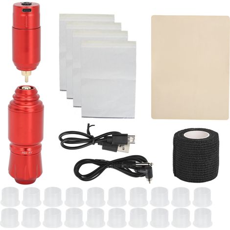 Stylo à tatouer + kit d'alimentation sans fil pour tatouage, machine à tatouer professionnelle complète, kit d'outils pour débutants, rouge. (1/5)