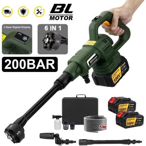 Nettoyeur haute pression électrique sans fil — Moteur Brushless, 200 bars, double batterie, avec buse réglable — Outil de nettoyage pour le jardin (1/5)