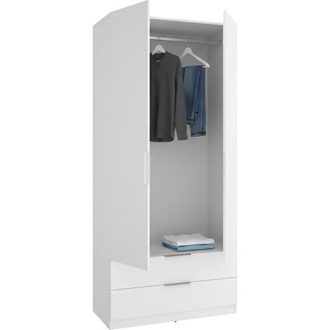 Guardaroba 2 Ante Montclare, Armadio Camera da Letto un Ripiano, Appendiabiti, 2 Cassetti, 51x204h cm Bianco