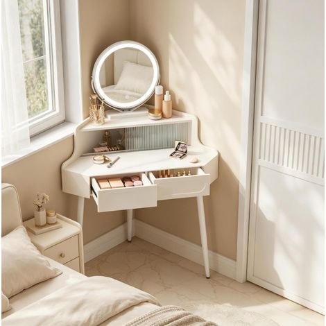 Coiffeuse d'angle blanche avec miroir rond, 90 x 61 x 139 cm (1/4)