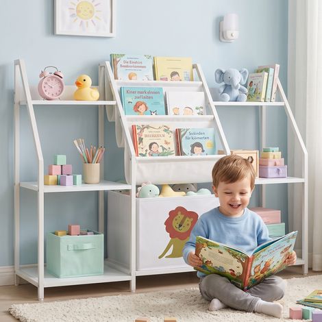 Bibliothèque Montessori blanche pour 3‑8 ans, 3 étagères tissu, compartiments bois et tiroir (1/5)