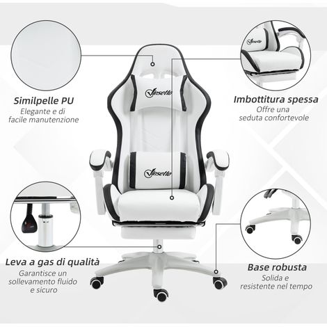 Fauteuil Gaming Blanc et Noir, Dossier Réglable et Hauteur Ajustable, 65x65x121-129 cm, Siège Inclinable pour Joueurs (1/4)