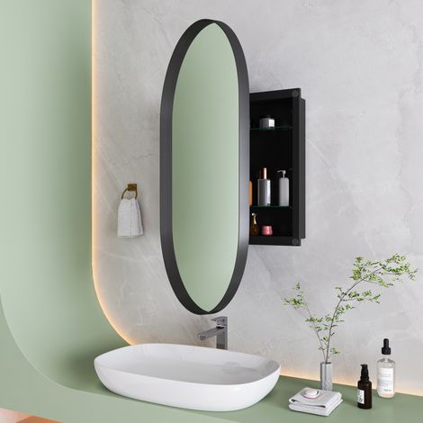 meuble rangement miroir ovale noir metal salle de bain OKMYHOME (1/5)