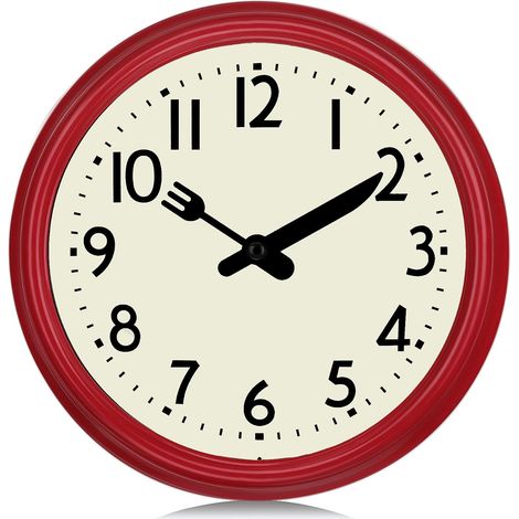 24cm Horloge Murale Cuisine Vintage Design, Silencieuse Rouge Pendule Murale Rétro sans Tic-tac pour Restaurant Salle a Manger Café (1/5)